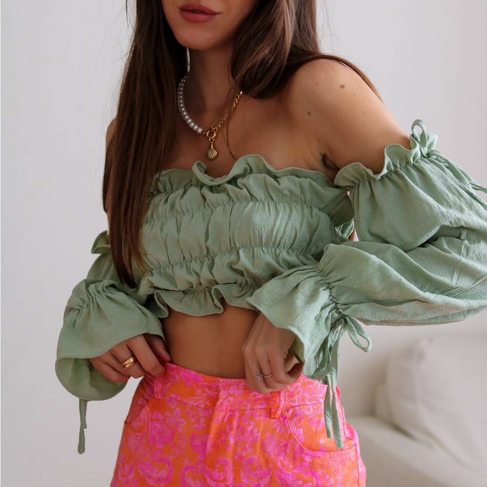 Sage green ruched off-the-shoulder crop top